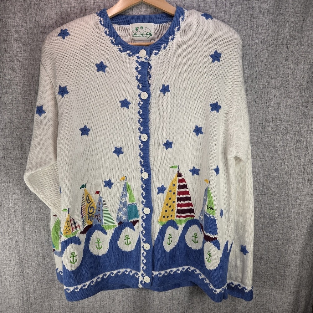 Quacker Factory Nautical VTG White Cardigan Sailboats Embroidery Small Novelty